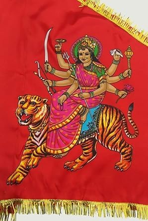 Jaisakshi Jai Mata Di Religious Flag(Cloth), Red Satin Cloth with Goddess Durga Design, Golden Fringe Border, Home Temple Decoration (mata rani)