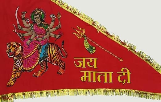 Jaisakshi Jai Mata Di Religious Flag(Cloth), Red Satin Cloth with Goddess Durga Design, Golden Fringe Border, Home Temple Decoration (mata rani)