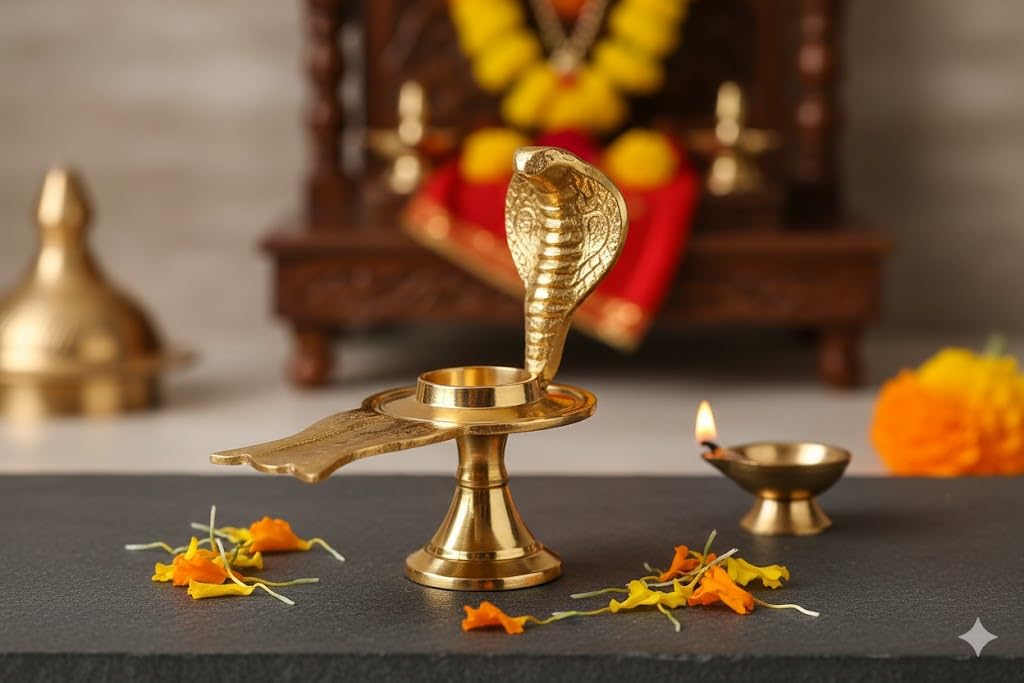 Jaisakshi Pure Brass Shivling Abhishek Stand with Naag (Sheshnaag) | Traditional Jaladhari / Jaldhari Puja Argha Base for Shivling Abhishek & Rudrabhishek Puja शिवलिंग अभिषेक हेतु पीतल जालधारी (8x5x8cm Small)