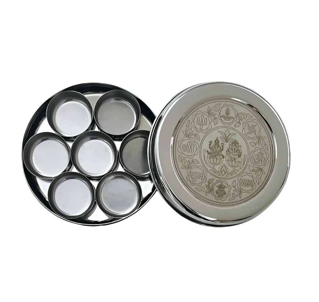 Jaisakshi Stainless Steel Pooja Set Box Set of 1 - (Size - 7) | Roli, Chawal, Chandan, Kumkum Puja Mandir Box | Dibbi with 7 Containers | Dabba | Steel Round dabba