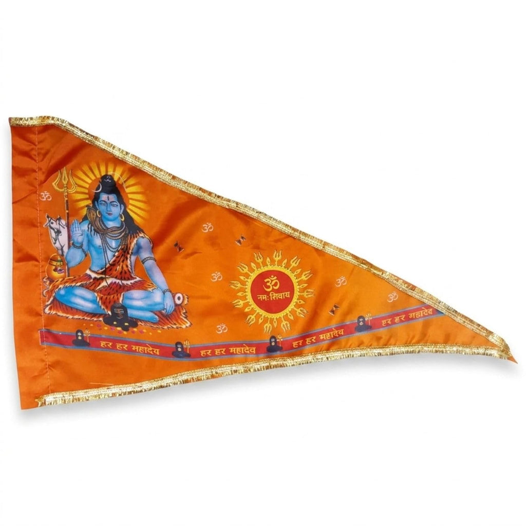 Jaisakshi Shiv Ji Flag for Home Temple | Big Size 30x45 Inch | Orange Dhwaj with Om Namah Shivaya Print | Satin Cloth with Golden Gota Border | Har Har Mahadev Hindu Religious Flag
