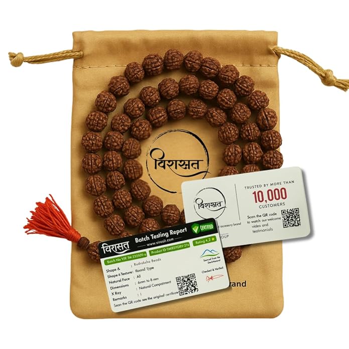 Jaisakshi Rudraksha Mala 108 Beads Original Certified | Natural Panchmukhi Rudraksha Japa Mala for Men & Women | Jaap Mala for Meditation, Shiv Puja, Yoga, Prayer, Chanting | 6mm Size