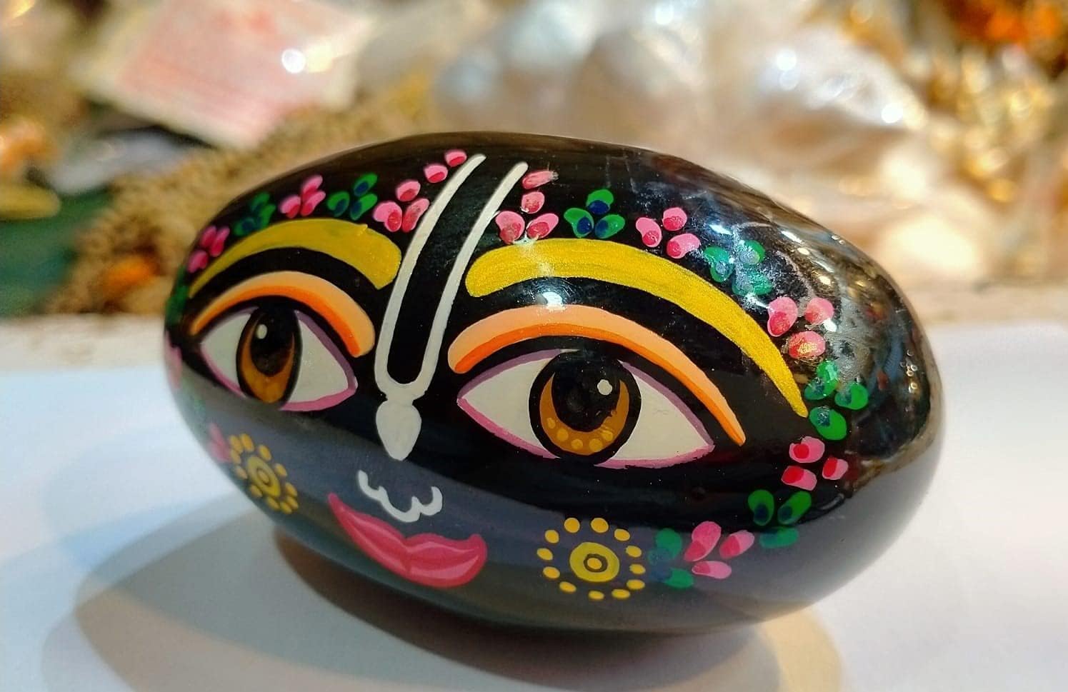 Jaisakshi Natural Painted Shaligram Stone for Pooja Religious (Colored) Painted SHALIGRAM Stone from VRINDAVAN || Fully Hand Printed || Size 2 INCES Approx
