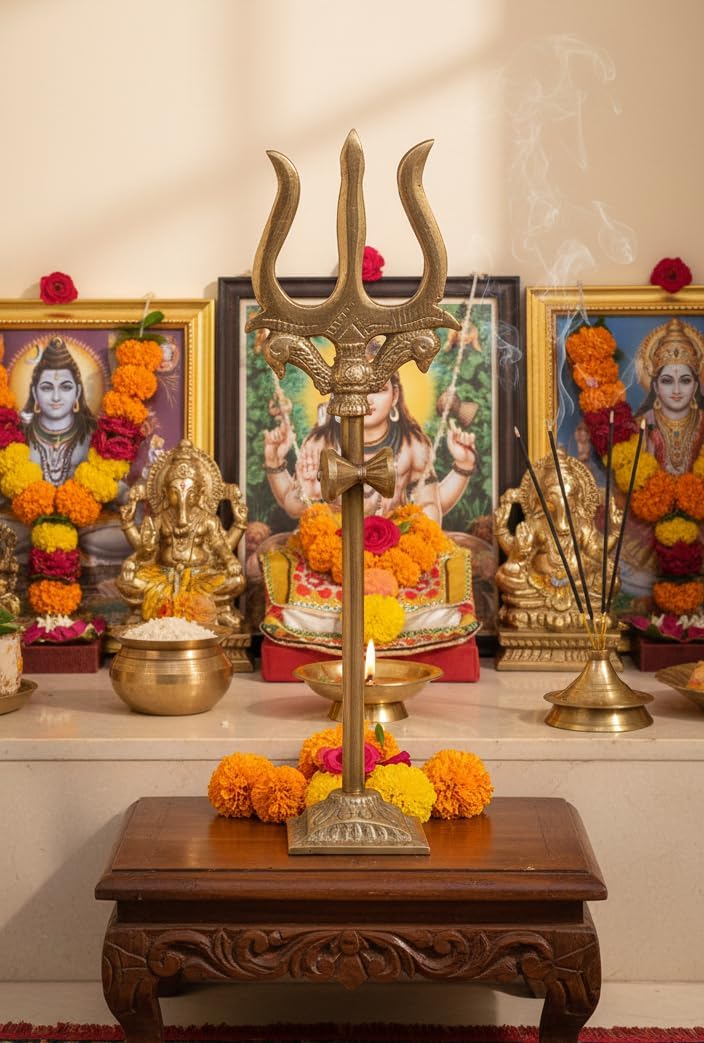 Jaisakshi Brass Shiva Trishul with Damru on Stand – 4 Inch Shiv Bholenath Trident Idol Showpiece for Pooja Room, Mandir Decoration, Temple Home Decor, Office Desk Puja Pack of 1
