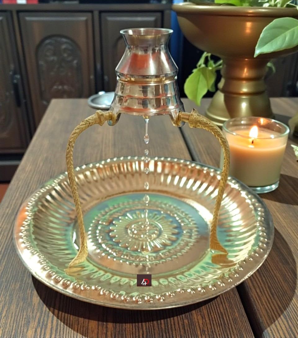 Jaisakshi Brass Tripai Shivling Lota Kalash Stand with 7 Inch Plate Thali for Shivling Abhishek, Jalabhishek with Milk & Water, Home Temple Puja, Shivratri, Saawan Worship
