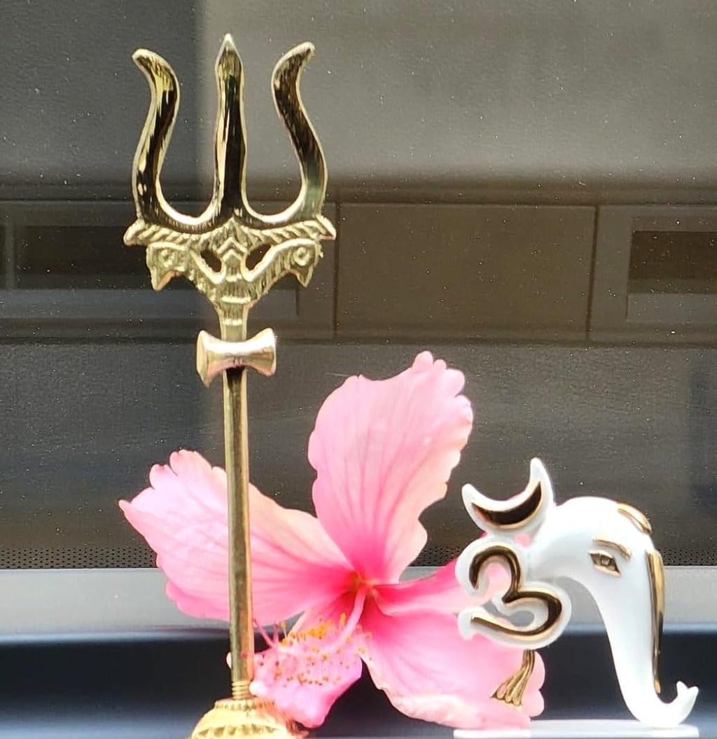 Jaisakshi Brass Shiva Trishul with Damru on Stand – 4 Inch Shiv Bholenath Trident Idol Showpiece for Pooja Room, Mandir Decoration, Temple Home Decor, Office Desk Puja Pack of 1