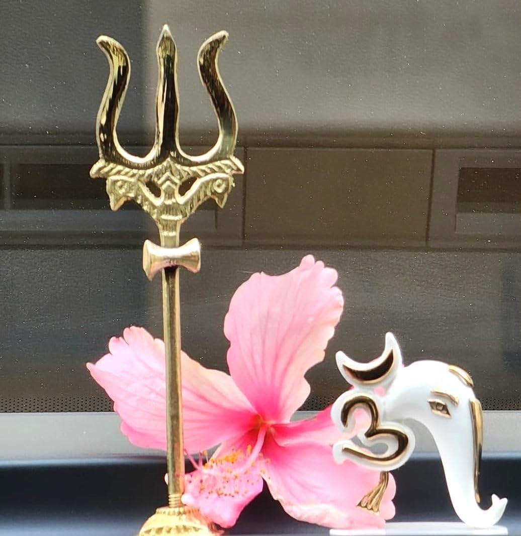 Jaisakshi Brass Shiva Trishul with Damru on Stand – 4 Inch Shiv Bholenath Trident Idol Showpiece for Pooja Room, Mandir Decoration, Temple Home Decor, Office Desk Puja Pack of 1
