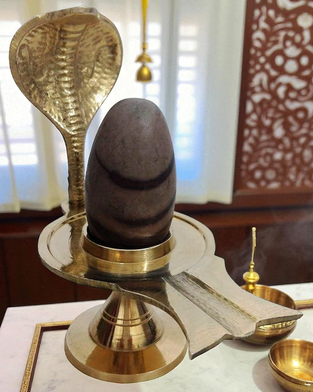 Jaisakshi Pure Narmadeshwar Shivling with Brass Naag Jaldhari | Narmada Stone shivling & Brass Yoni Base for Home Puja, Temple Use, Mahashivratri, Saawan, Jalabhishek Rituals - 3 Inch