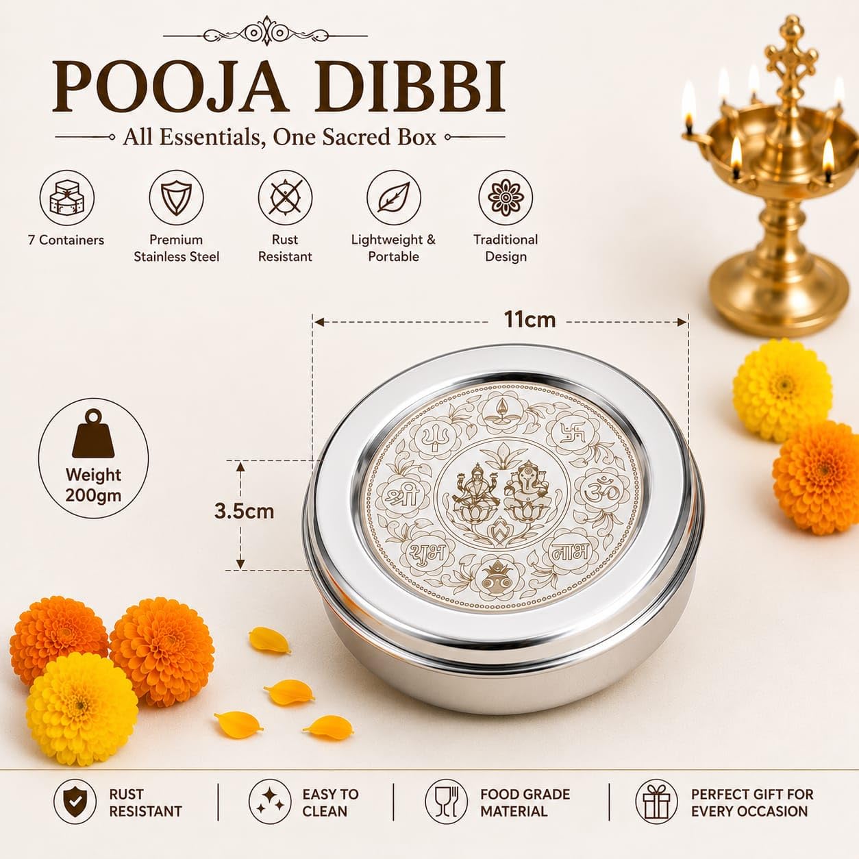 Jaisakshi Stainless Steel Pooja Set Box Set of 1 - (Size - 7) | Roli, Chawal, Chandan, Kumkum Puja Mandir Box | Dibbi with 7 Containers | Dabba | Steel Round dabba