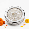 Jaisakshi Stainless Steel Pooja Set Box Set of 1 - (Size - 7) | Roli, Chawal, Chandan, Kumkum Puja Mandir Box | Dibbi with 7 Containers | Dabba | Steel Round dabba