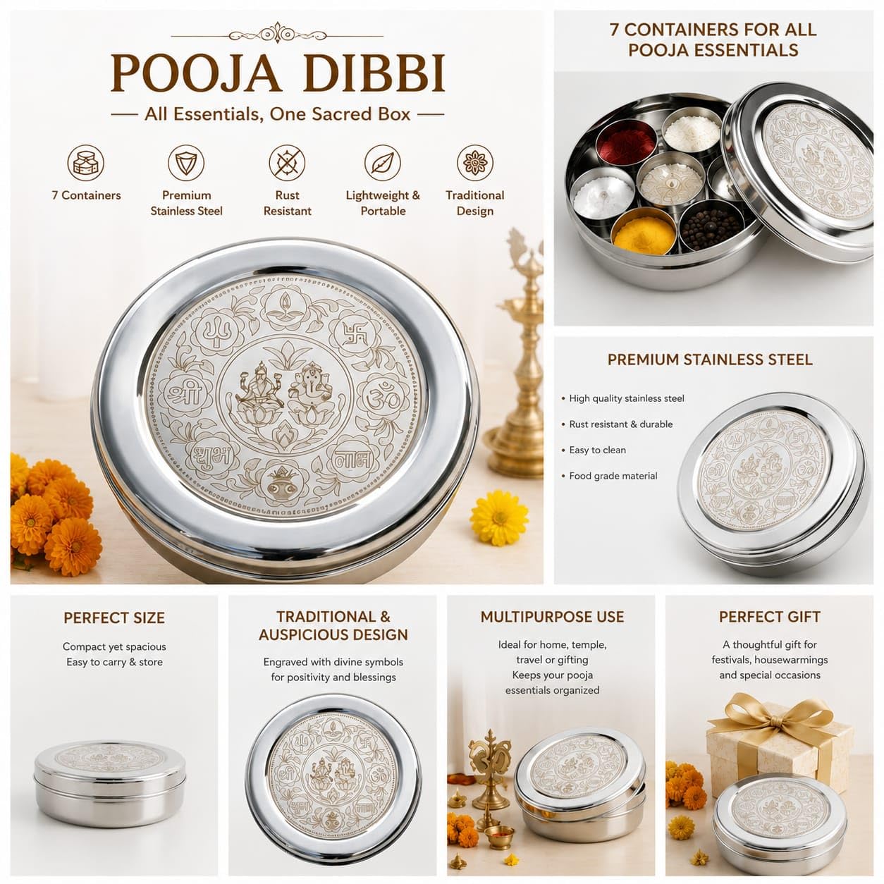 Jaisakshi Stainless Steel Pooja Set Box Set of 1 - (Size - 7) | Roli, Chawal, Chandan, Kumkum Puja Mandir Box | Dibbi with 7 Containers | Dabba | Steel Round dabba