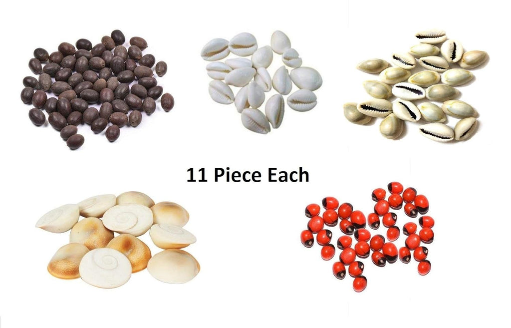 Jaisakshi Combo of Red Gunja/Chirmi Beads, Kamal Gatte & White Kauri/Kaudi & Gomati Chakra (11 pcs Each) for Puja, Worship, Protection for Laxmi Pooja & Diwali