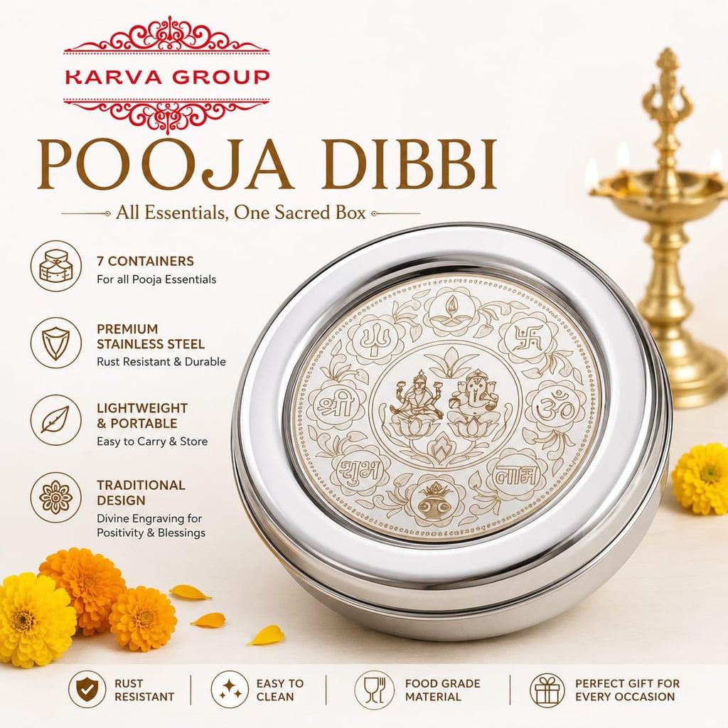 Jaisakshi Stainless Steel Pooja Set Box Set of 1 - (Size - 7) | Roli, Chawal, Chandan, Kumkum Puja Mandir Box | Dibbi with 7 Containers | Dabba | Steel Round dabba