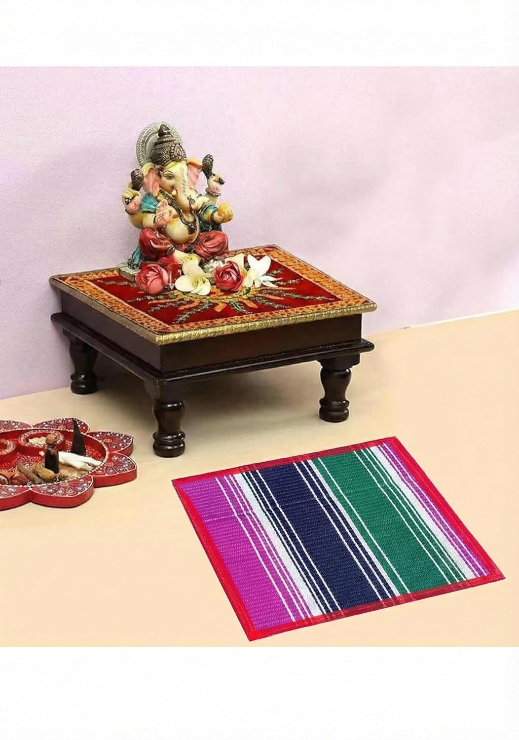 Jaisakshi Plastic Pooja Aasan Mat | Ethnic Printed Sitting Chatai | Lightweight & Durable | Square Floor Mat Set