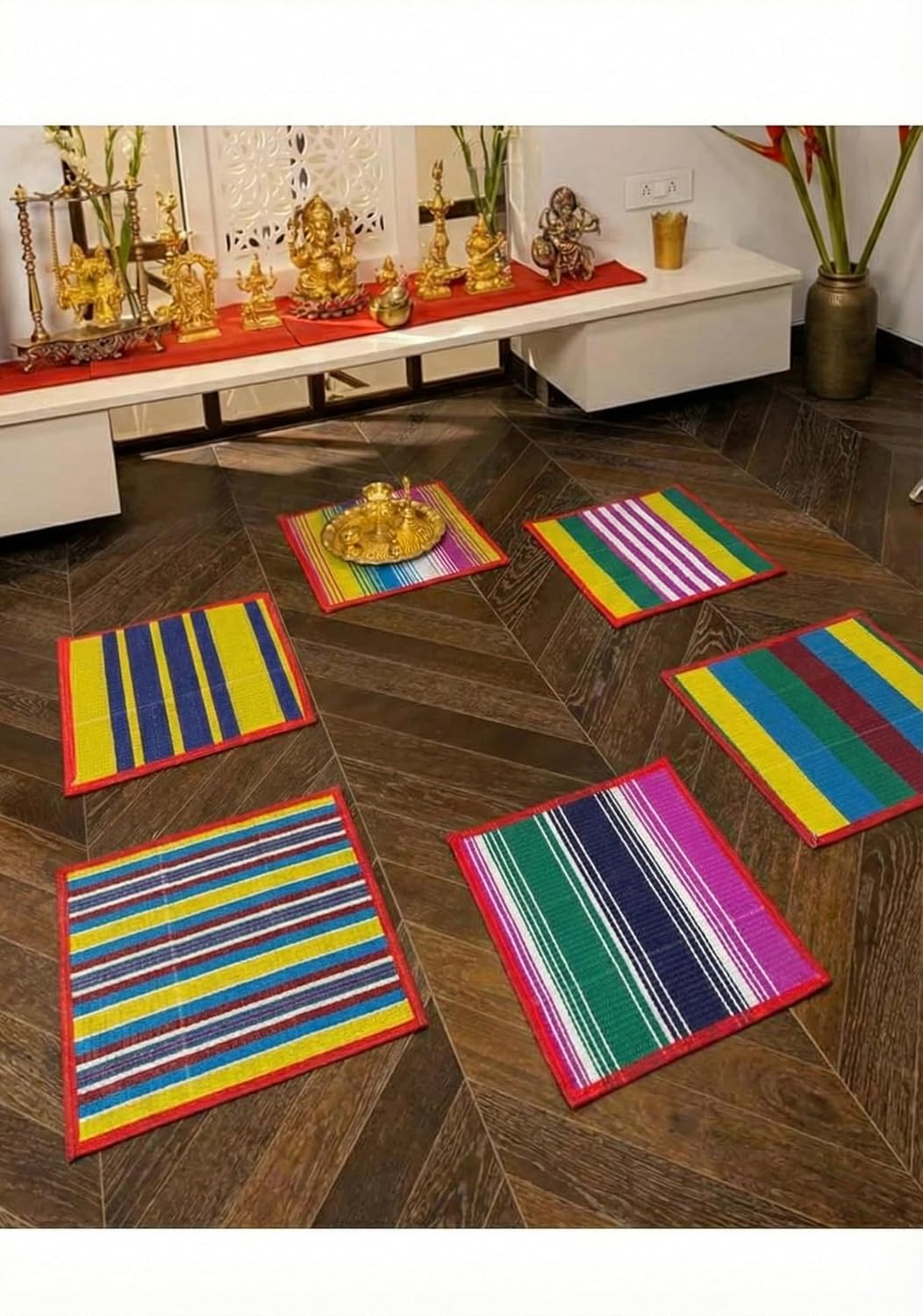 Jaisakshi Plastic Pooja Aasan Mat | Ethnic Printed Sitting Chatai | Lightweight & Durable | Square Floor Mat Set