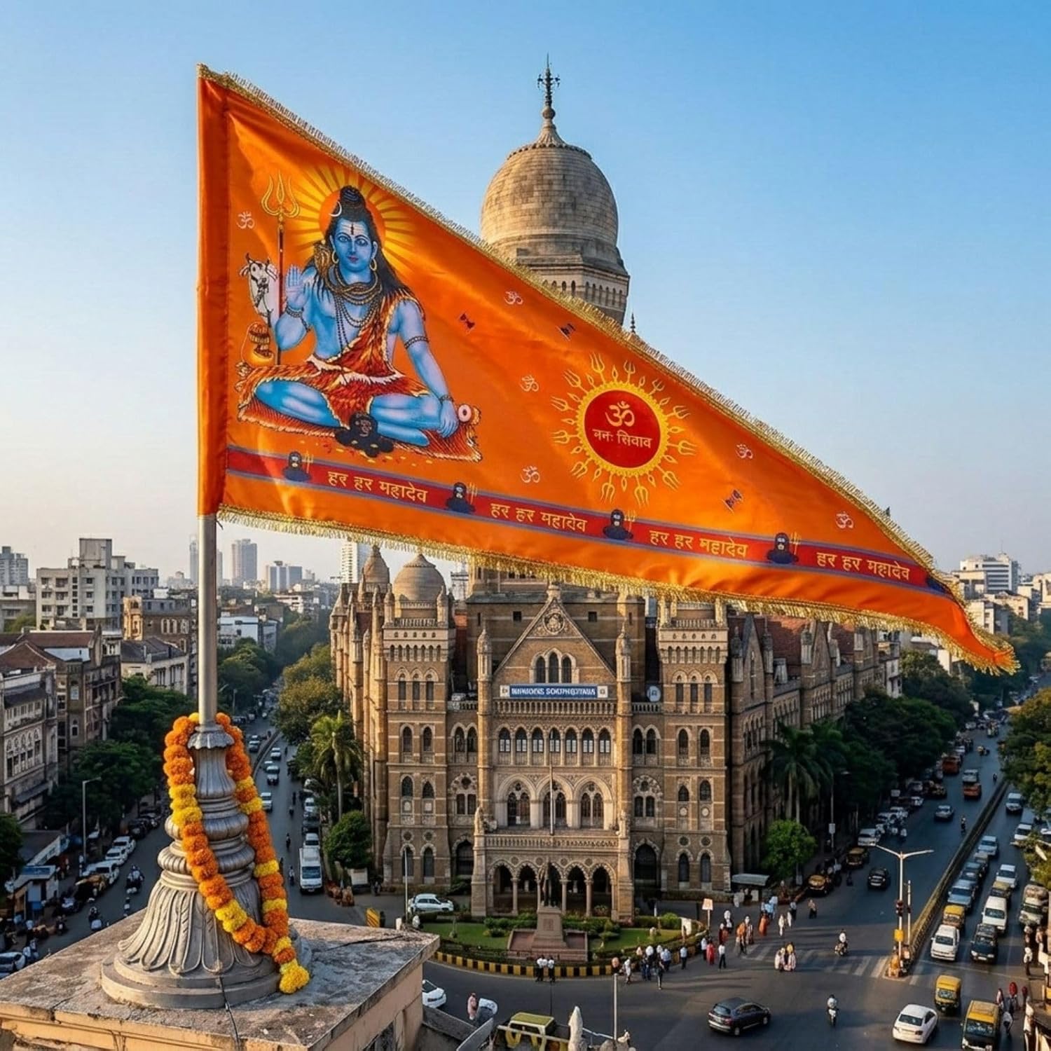 Jaisakshi Shiv Ji Flag for Home Temple | Big Size 30x45 Inch | Orange Dhwaj with Om Namah Shivaya Print | Satin Cloth with Golden Gota Border | Har Har Mahadev Hindu Religious Flag