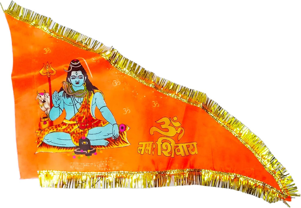 Jaisakshi Shiv Ji Flag for Home Temple | Big Size 30x45 Inch | Orange Dhwaj with Om Namah Shivaya Print | Satin Cloth with Golden Gota Border | Har Har Mahadev Hindu Religious Flag
