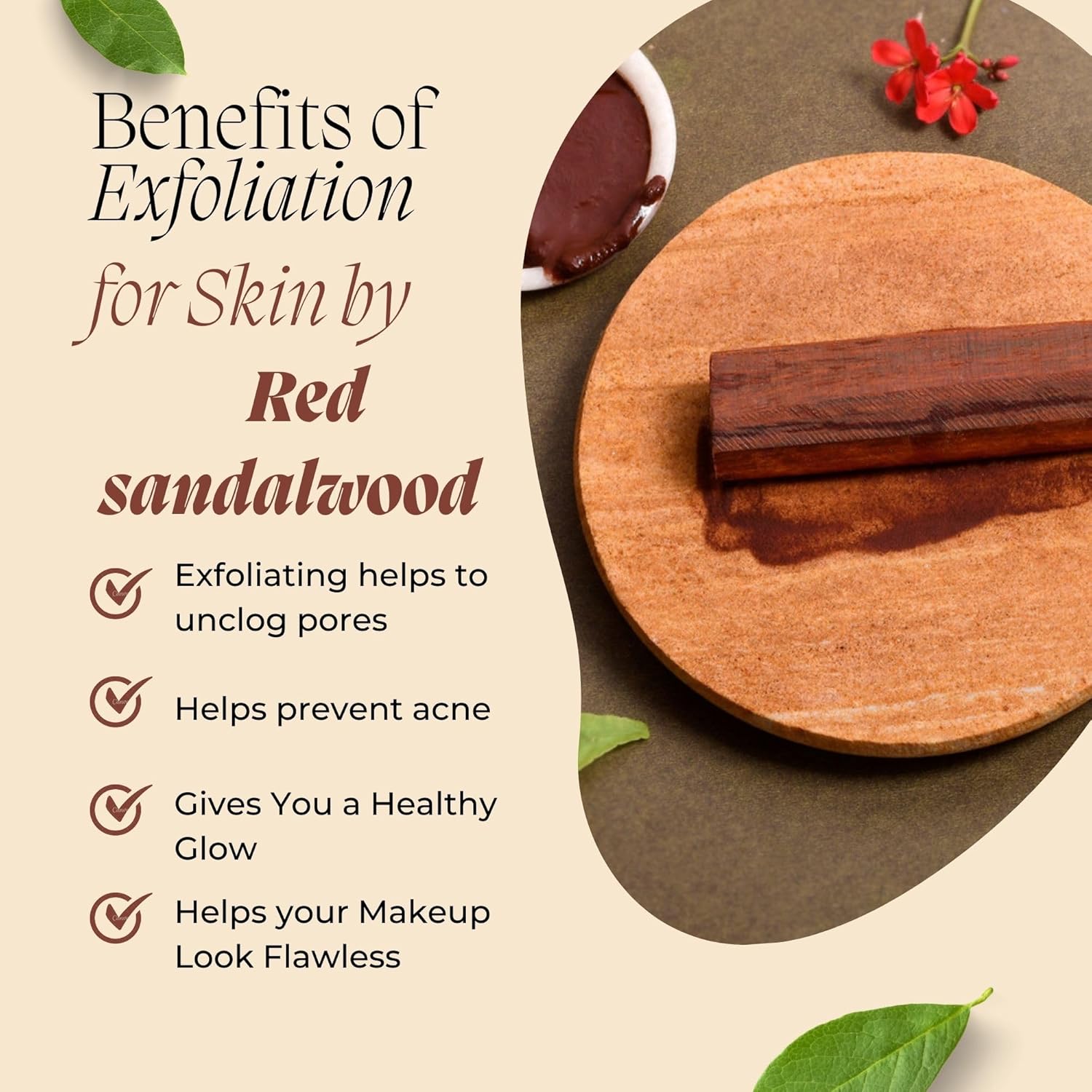 Jaisakshi Natural Malayagiri Sandalwood (Chandan) Pata Board with Red and White Sandalwood Stick Chandan Stick for Puja, Tilak, Face (1 Board with 2 Sticks) Size 5-inches