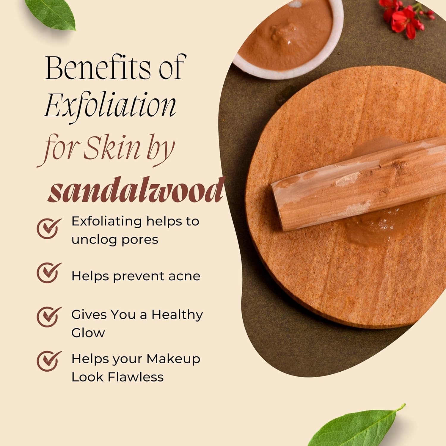 Jaisakshi Natural Malayagiri Sandalwood (Chandan) Pata Board with Red and White Sandalwood Stick Chandan Stick for Puja, Tilak, Face (1 Board with 2 Sticks) Size 5-inches