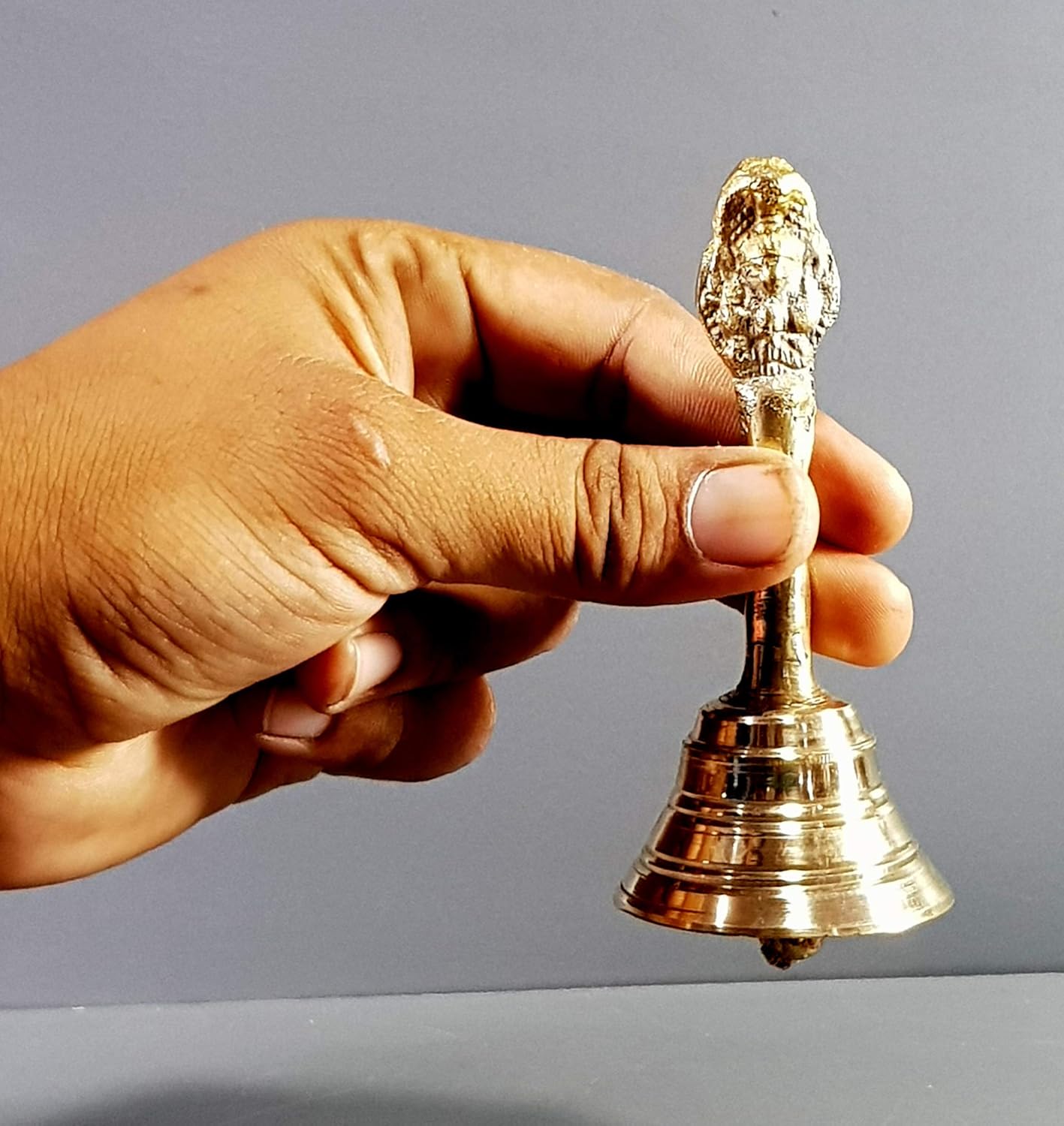 Jaisakshi Brass Ghanti for Pooja - 4.5" Brass Bells for Mandir, Temple Bell, Pooja Items for Pooja Room, Housewarming Gift, Engraved Design, Antique Home Decor Piece - Golden